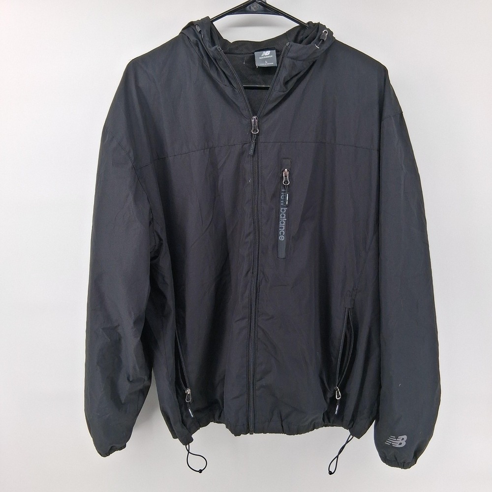 New Balance Jacket Mens Large Black Hooded Windbreaker Full Zip Running Athletic